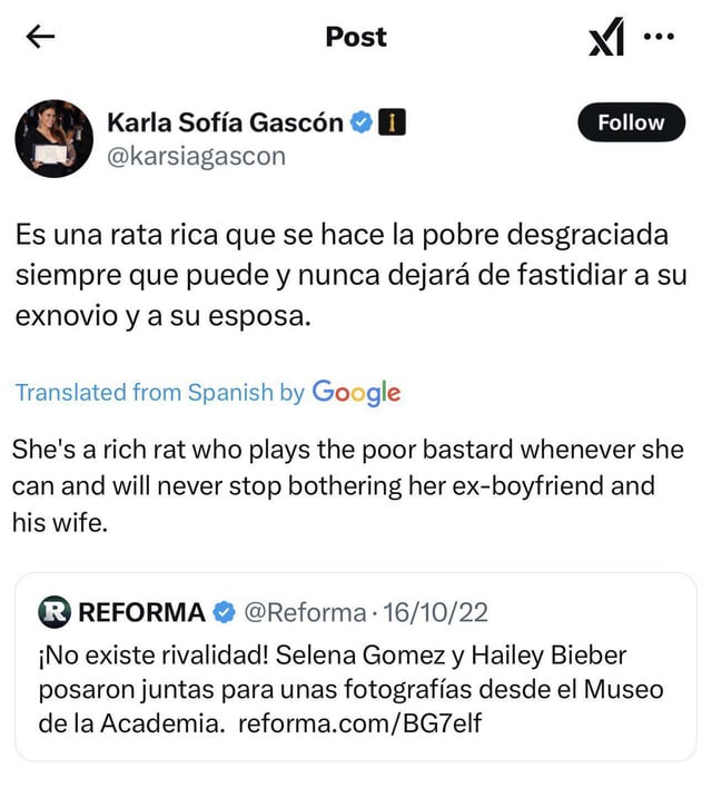 r/Fauxmoi - Before deactivating her Twitter/X account, an old tweet of Karla Sofía Gascón shading her ‘Emilia Pérez’ costar Selena Gomez resurfaced.